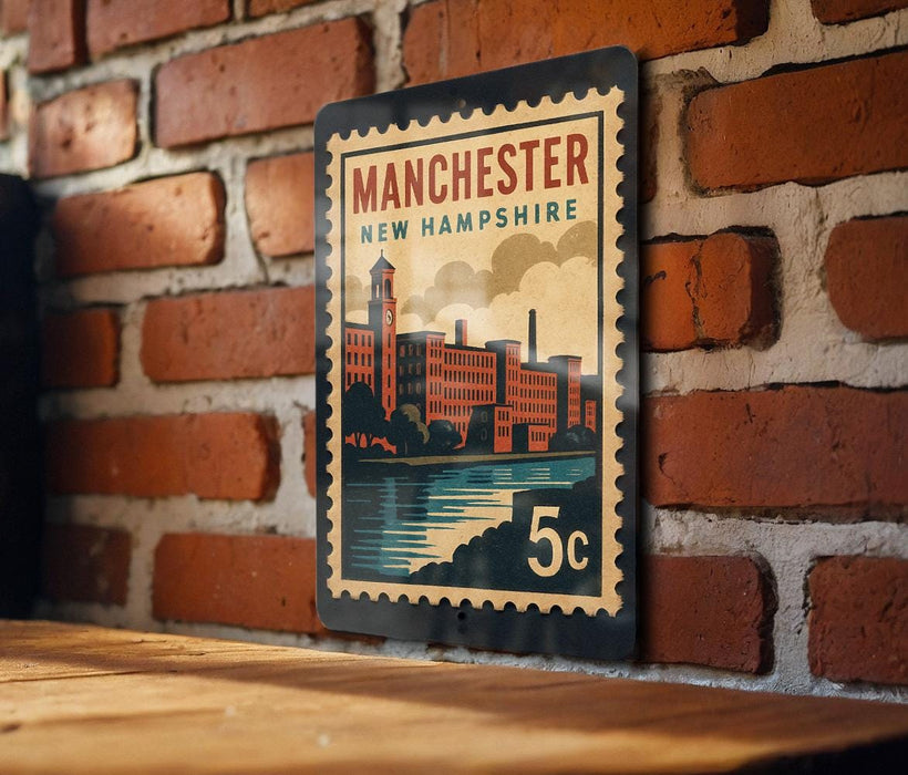 A vintage-style metal stamp depicting a cityscape with a river, mounted on a brick wall.