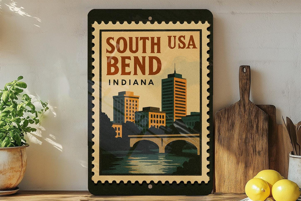 A framed poster of the city of Bend, Indiana, with a bridge and buildings in the background, displayed on a wall next to a wooden cutting board and some lemons.