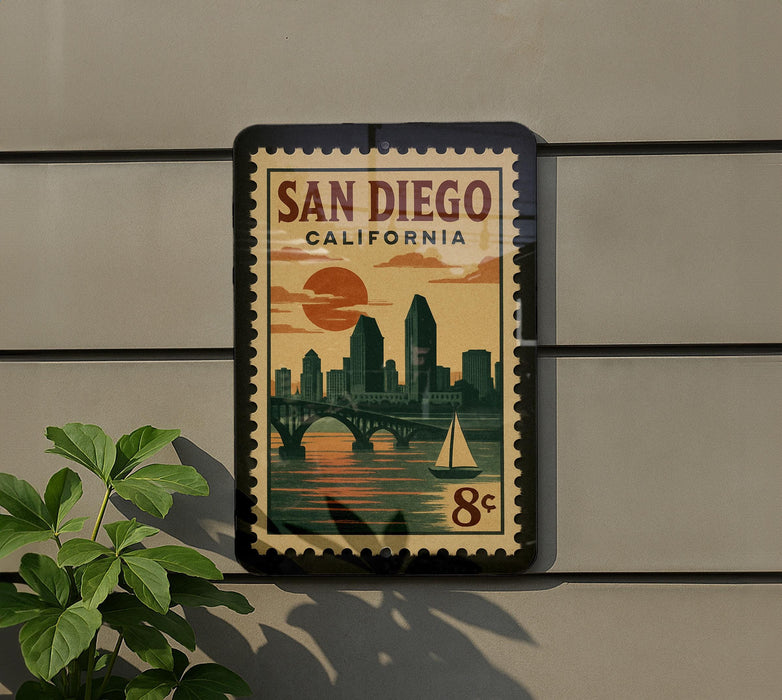 A framed poster of San Diego, California, featuring a cityscape and a sailboat, is displayed on a wall.
