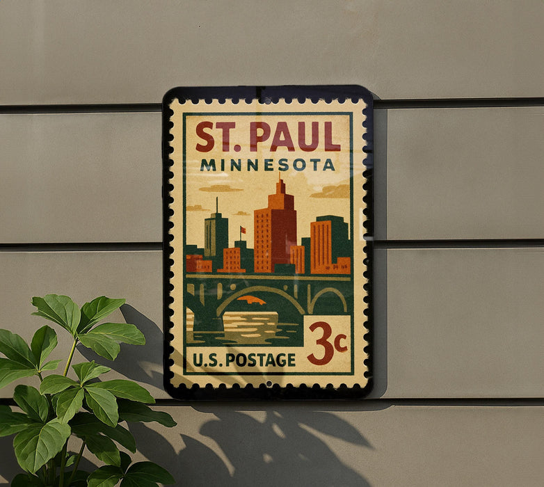 A vintage postage stamp from Minnesota, featuring a cityscape and a bridge, is displayed on a wall.