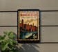 A vintage-style postage stamp from New Hampshire featuring a cityscape and a river, mounted on a wall.