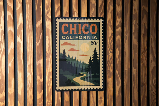 A vintage-style postage stamp from California, featuring a scenic landscape with pine trees, a winding road, and a sunlit sky.
