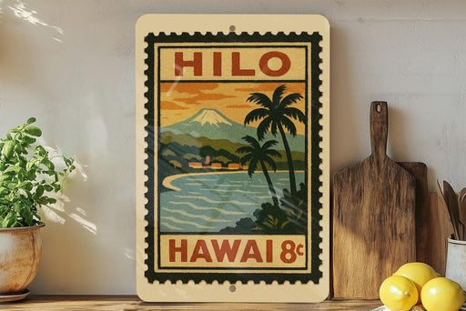 A vintage-style stamp depicting a tropical island landscape with a mountain, palm trees, and a body of water, with the text "HILO" and "HAWAII 8¢" printed on it.
