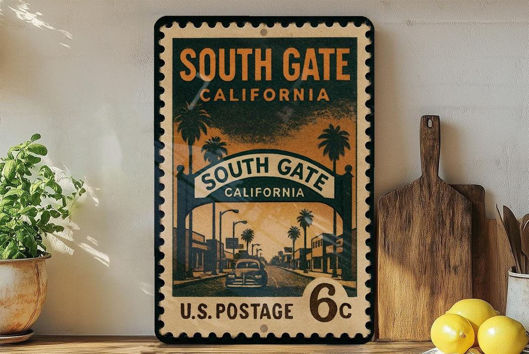 A vintage-style postage stamp from South Gate, California, featuring a street scene and palm trees, is displayed on a shelf next to a wooden cutting board and some lemons.