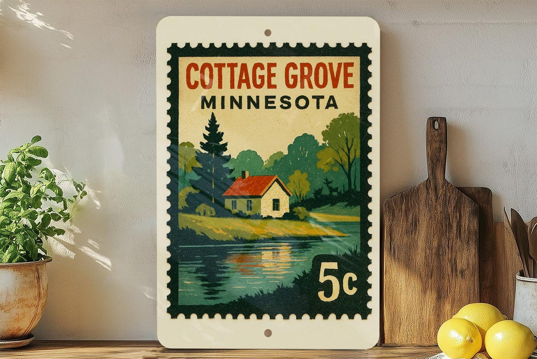 A vintage-style postage stamp depicting a cottage in Minnesota, with a lake and trees in the background.