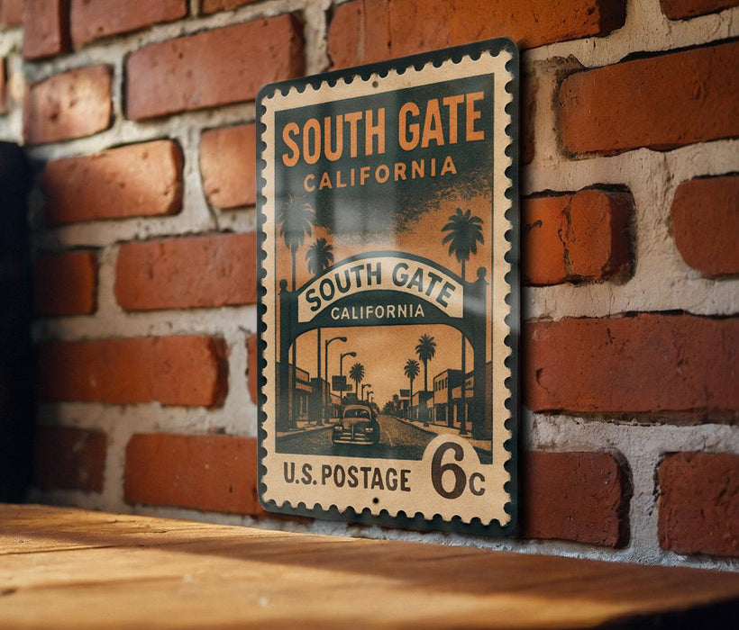 A vintage-style postage stamp from South Gate, California, featuring a street scene and palm trees.