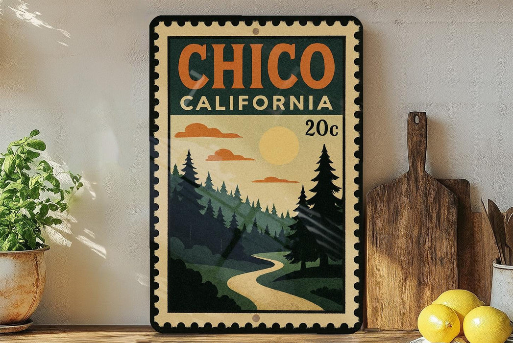 A vintage-style poster of Chico, California, featuring a scenic landscape with pine trees, a winding road, and a sun in the sky.