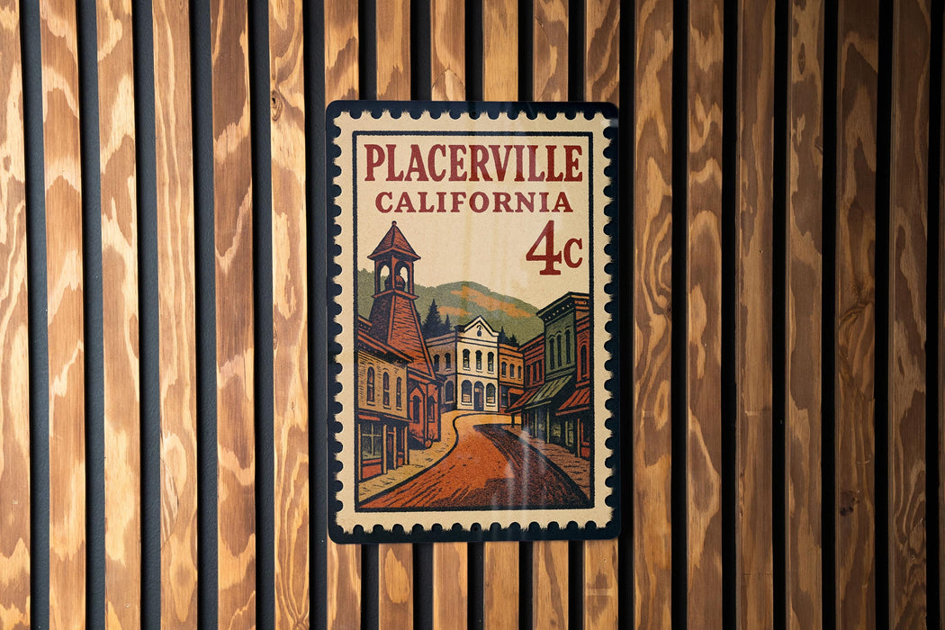 A vintage postage stamp from Placerville, California, featuring a street scene with buildings and a bell tower.