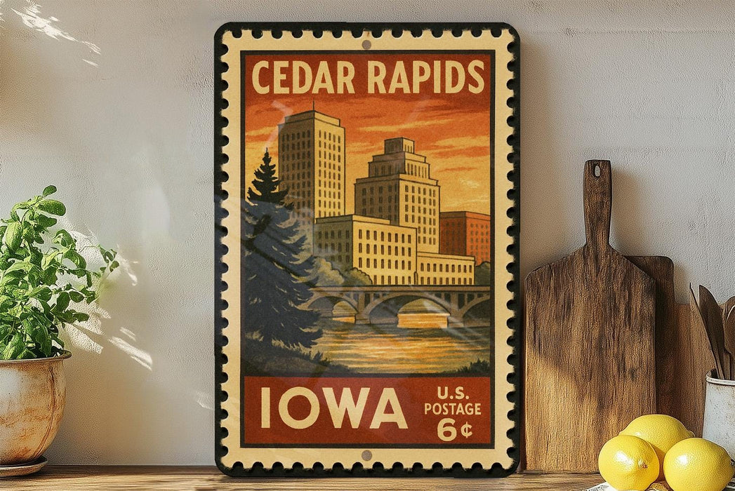 A vintage-style postage stamp from Cedar Rapids, Iowa, featuring a cityscape with a bridge and a sunset sky.