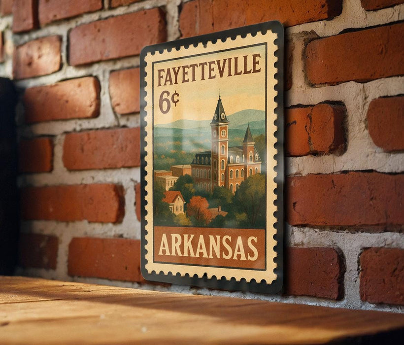 A vintage-style postage stamp from Arkansas featuring a building and landscape, mounted on a brick wall.