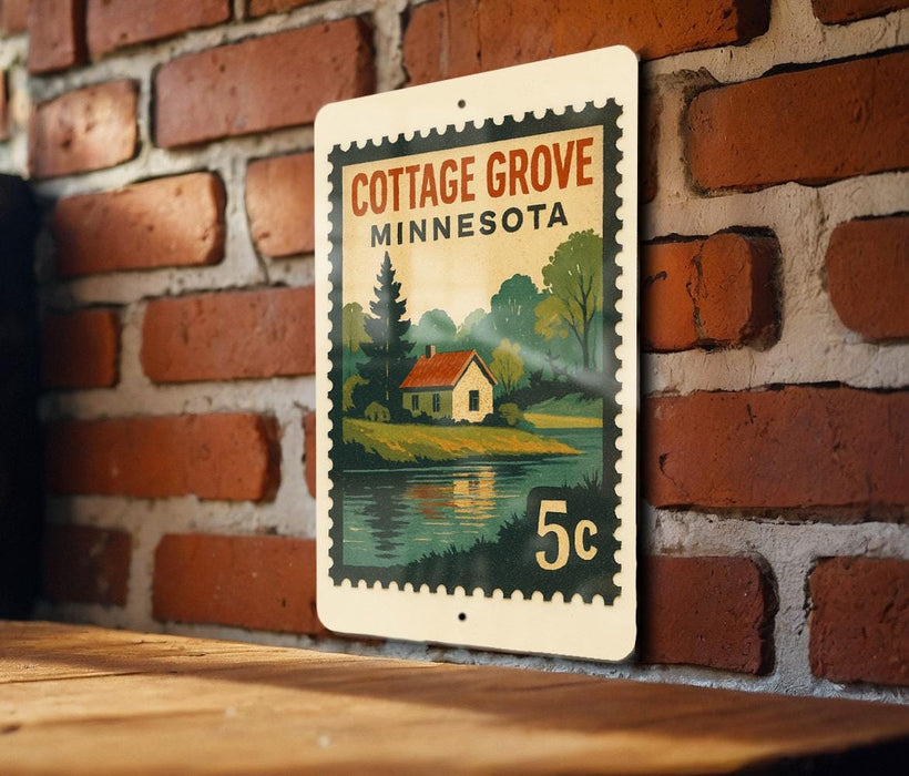 A metal sign with a vintage-style illustration of a cottage and a lake, mounted on a brick wall.