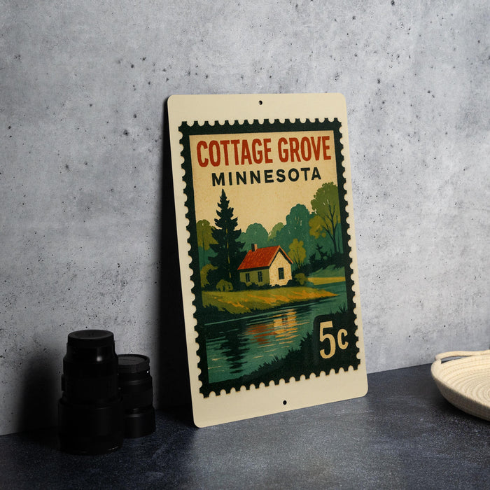 A vintage Minnesota postage stamp featuring a cottage and a lake, placed on a countertop next to some black camera lenses.