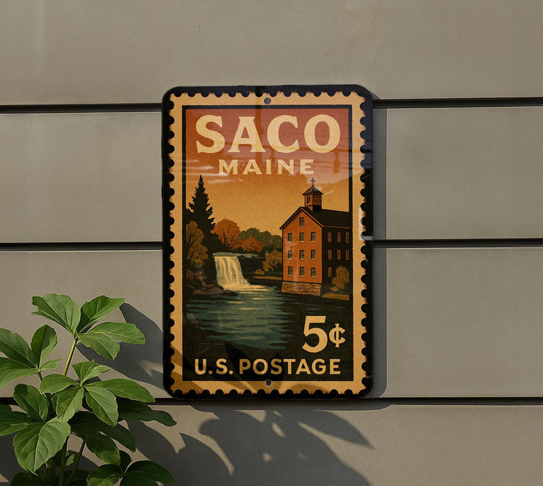 A vintage postage stamp from Maine, featuring a waterfall and a building, is displayed on a wall.