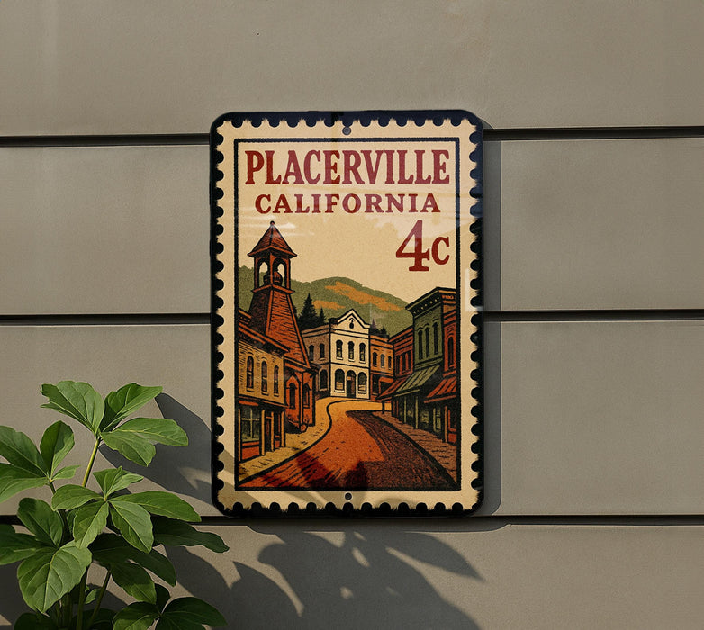 A vintage-style metal sign with a postage stamp design, mounted on a wall.