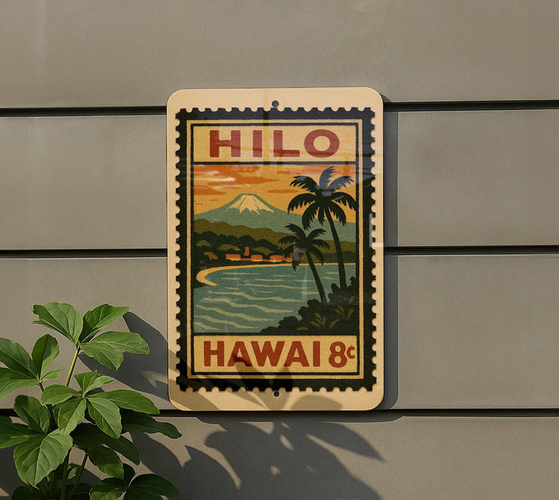 A vintage-style stamp or sign with a tropical landscape depicting a mountain, palm trees, and a beach, mounted on a wall.
