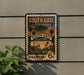 A vintage postage stamp from South Gate, California, featuring a street scene with palm trees and buildings.