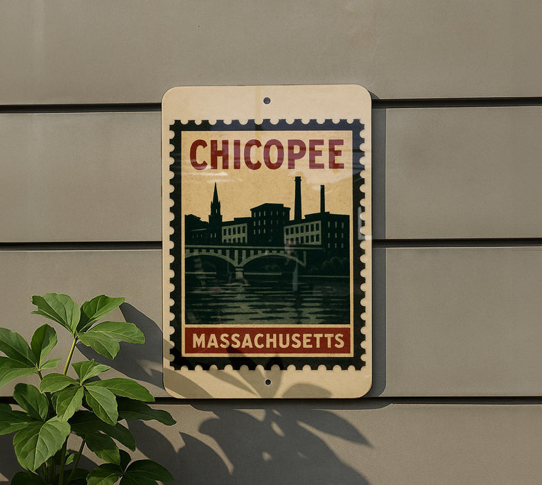 A vintage-style sign for Chicopee, Massachusetts, featuring a cityscape and a bridge.