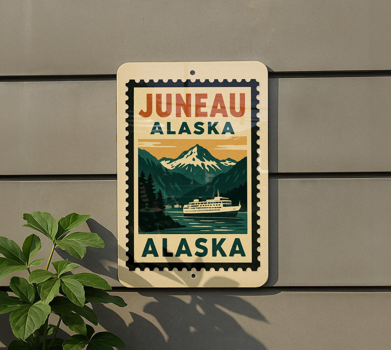 A sign for Juneau, Alaska, featuring a mountain landscape with a ferry boat in the background.