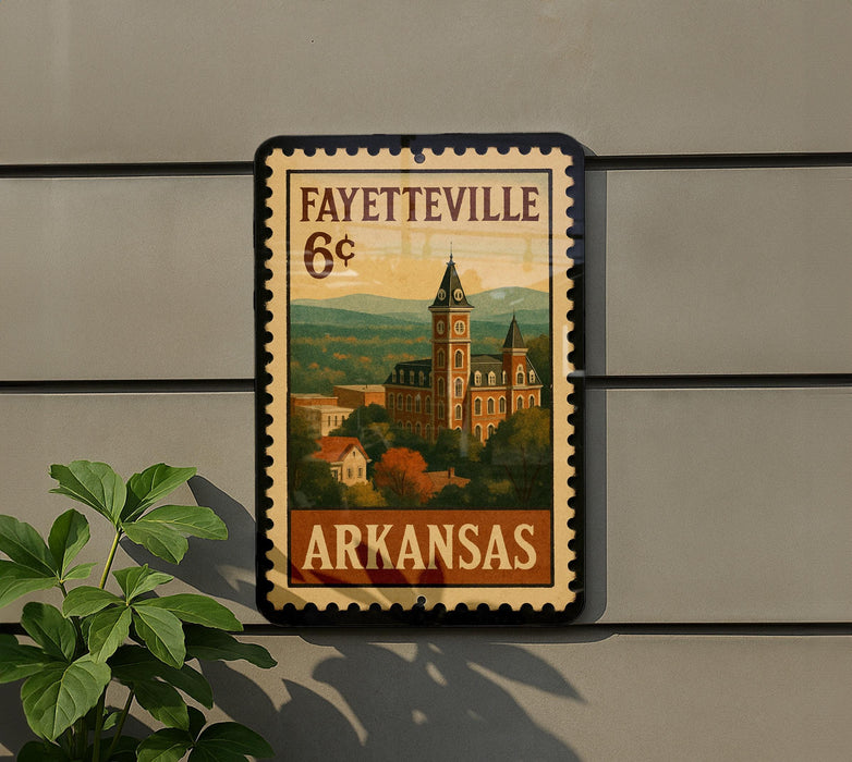 A vintage-style postage stamp from Arkansas featuring a building and landscape, mounted on a wall next to a plant.