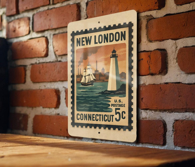 A vintage-style postage stamp from New London, Connecticut, featuring a lighthouse and a ship on the water.