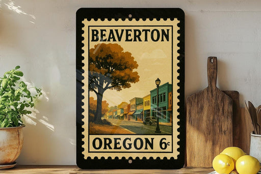 A framed vintage-style stamp depicting a street scene in Beaverton, Oregon, with a tree and buildings in the background.