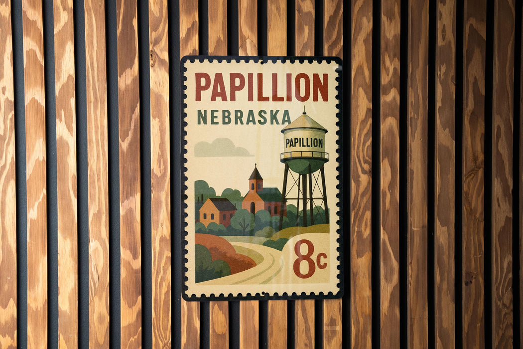 A vintage-style postage stamp from Nebraska featuring a water tower and a rural landscape.