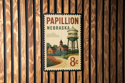 A vintage-style postage stamp from Nebraska featuring a water tower and a rural landscape.