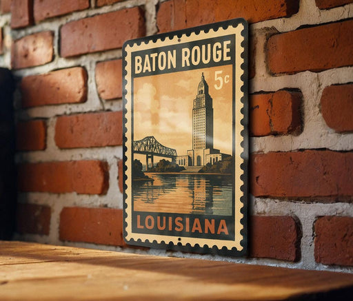 A vintage-style metal stamp depicting the famous Louisiana State Capitol building in Baton Rouge, Louisiana.