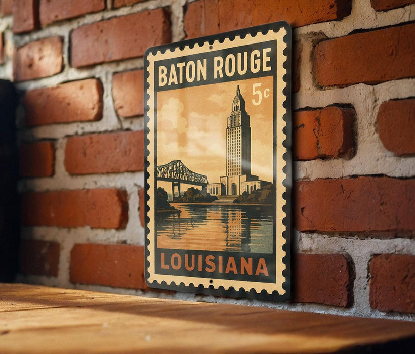 A vintage-style metal stamp depicting the famous Louisiana State Capitol building in Baton Rouge, Louisiana.