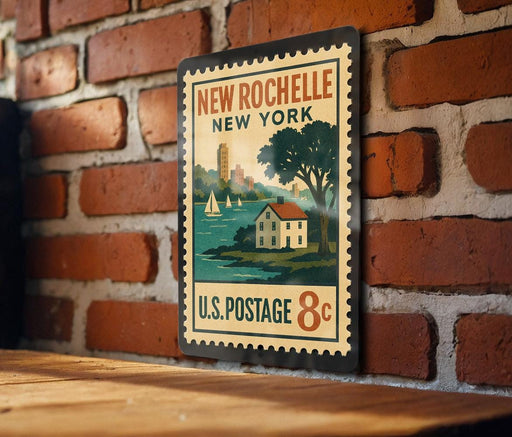 A vintage-style postage stamp depicting New Rochelle, New York, with a house and sailboat in the background.