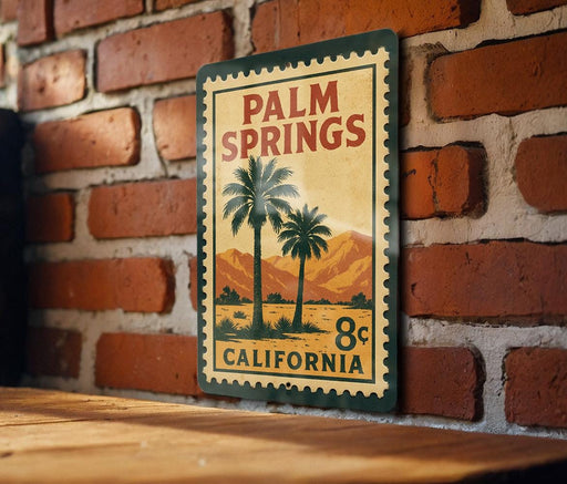 A vintage-style metal sign with the text "PALM SPRINGS" and "8¢ CALIFORNIA" printed on it, mounted on a brick wall.
