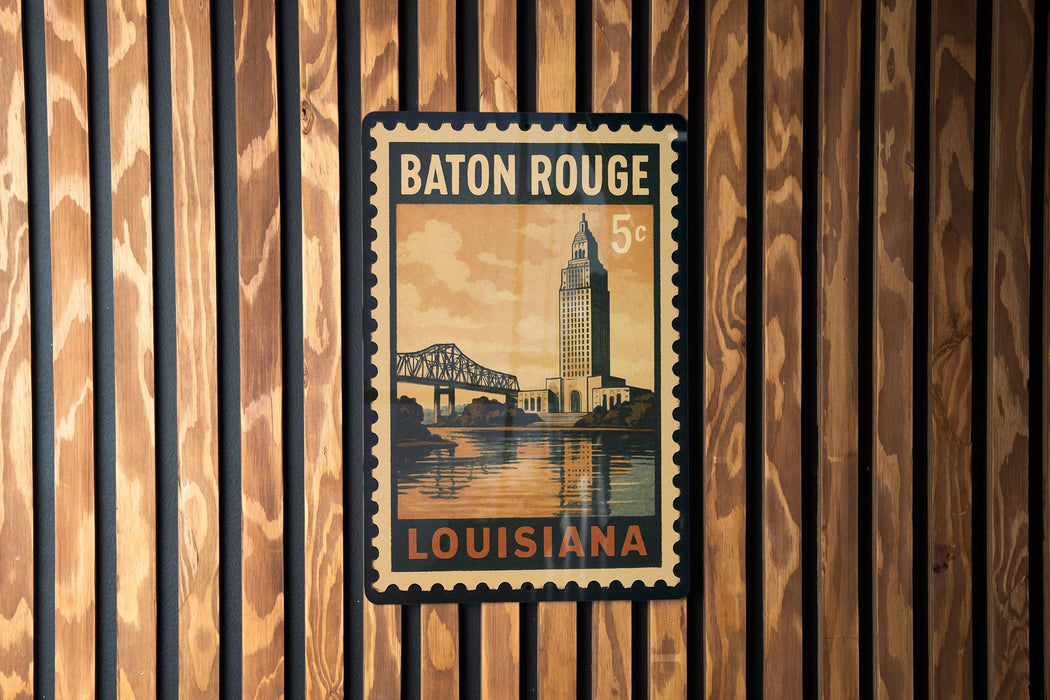 A vintage postage stamp from Louisiana featuring a bridge and a building, mounted on a wooden wall.
