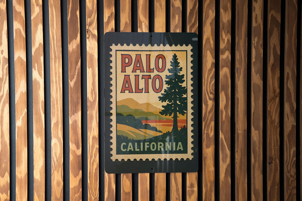 A vintage-style California postage stamp is displayed on a wooden wall.