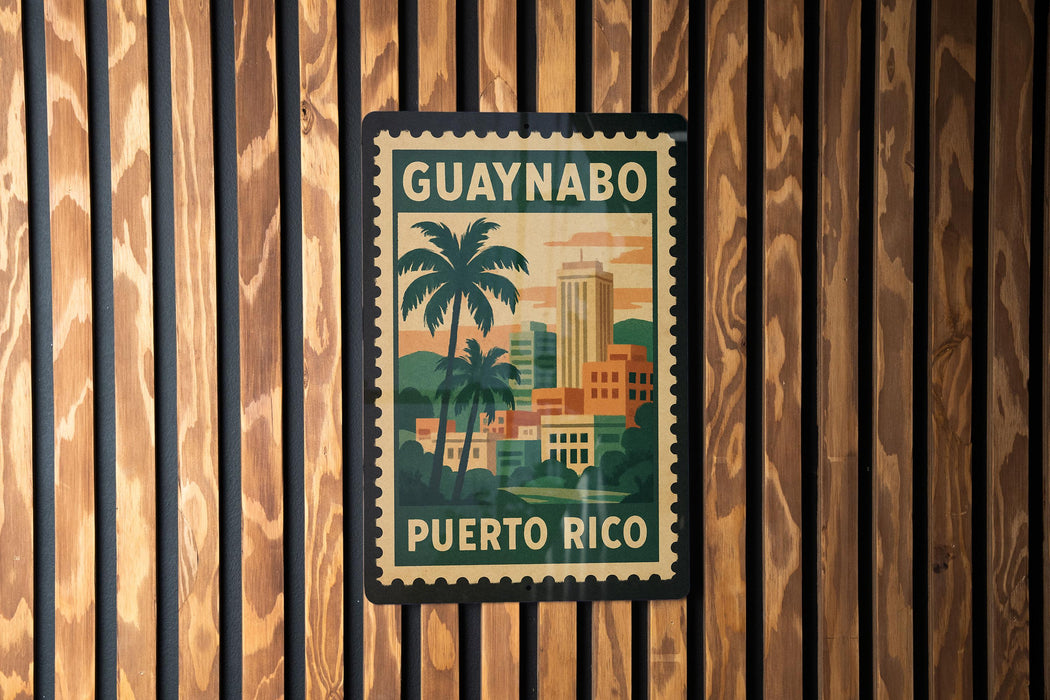 A vintage-style postage stamp from Puerto Rico featuring a tropical cityscape with palm trees and buildings.