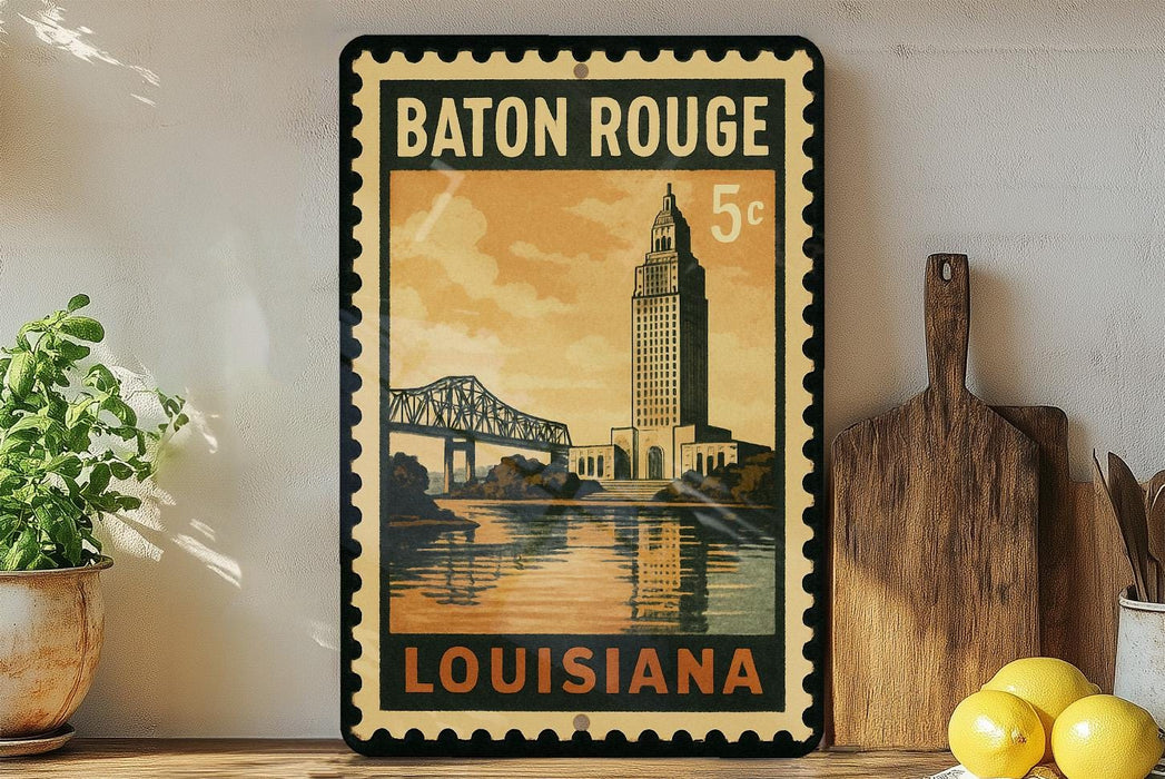 A framed vintage postage stamp depicting the Baton Rouge Bridge in Louisiana, with the text "Baton Rouge" and "Louisiana" printed on it.