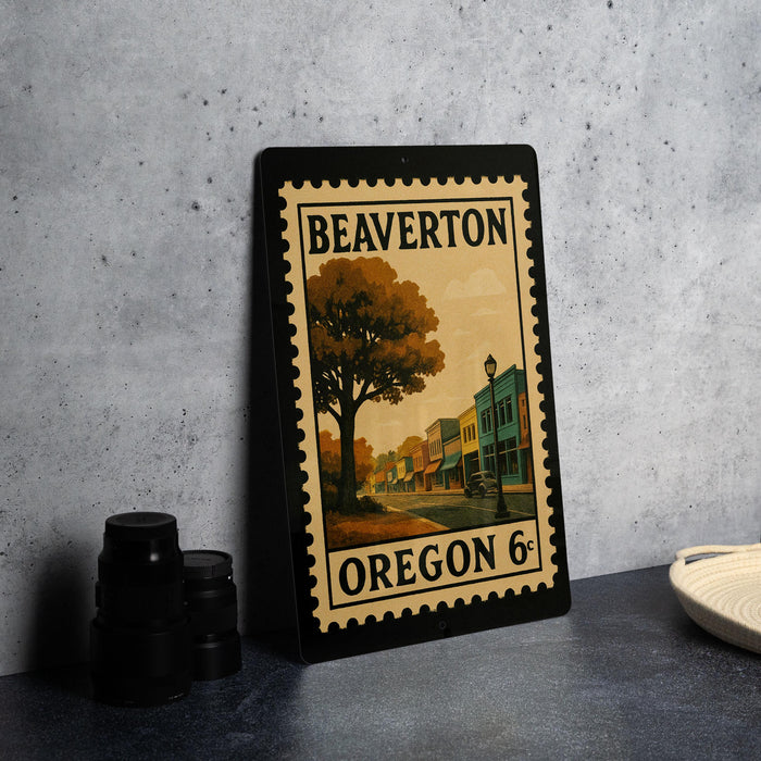 A framed poster of Beaverton, Oregon 6-6, featuring a tree and a street scene, is displayed on a countertop next to some black camera lenses.