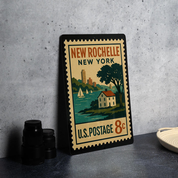 A vintage postage stamp from New Rochelle, New York, featuring a house and sailboats on a body of water.