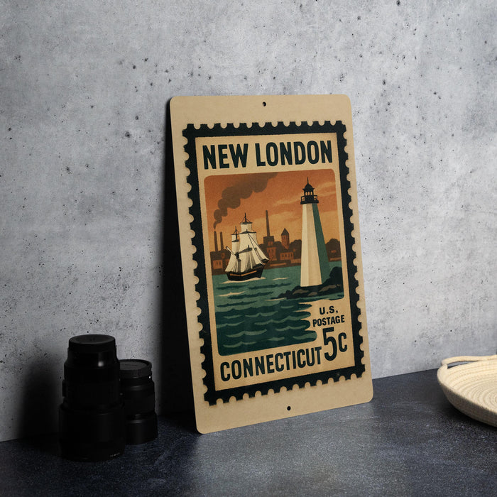 A vintage-style postage stamp from New London, Connecticut, featuring a lighthouse and a ship on the water.