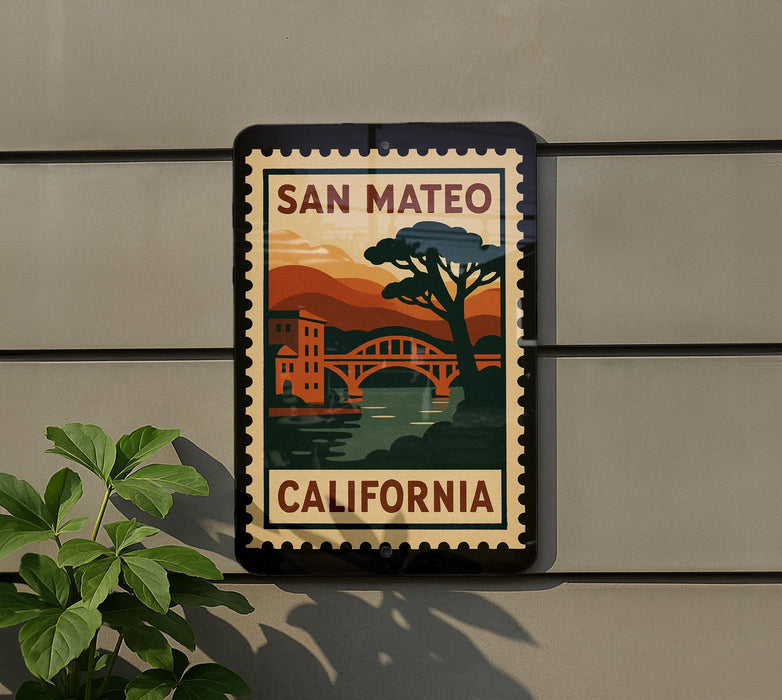 A vintage-style sign for San Mateo, California, featuring a bridge and a sunset landscape.