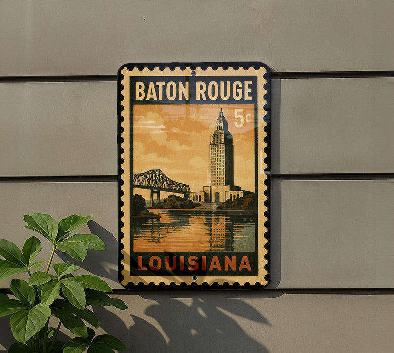 A vintage-style metal sign displaying the name "Baton Rouge" and the word "Louisiana" in bold letters, with a bridge and a building in the background.