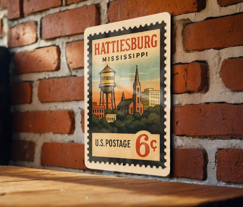 A vintage postage stamp from Hattiesburg, Mississippi, featuring a water tower and other buildings, mounted on a brick wall.
