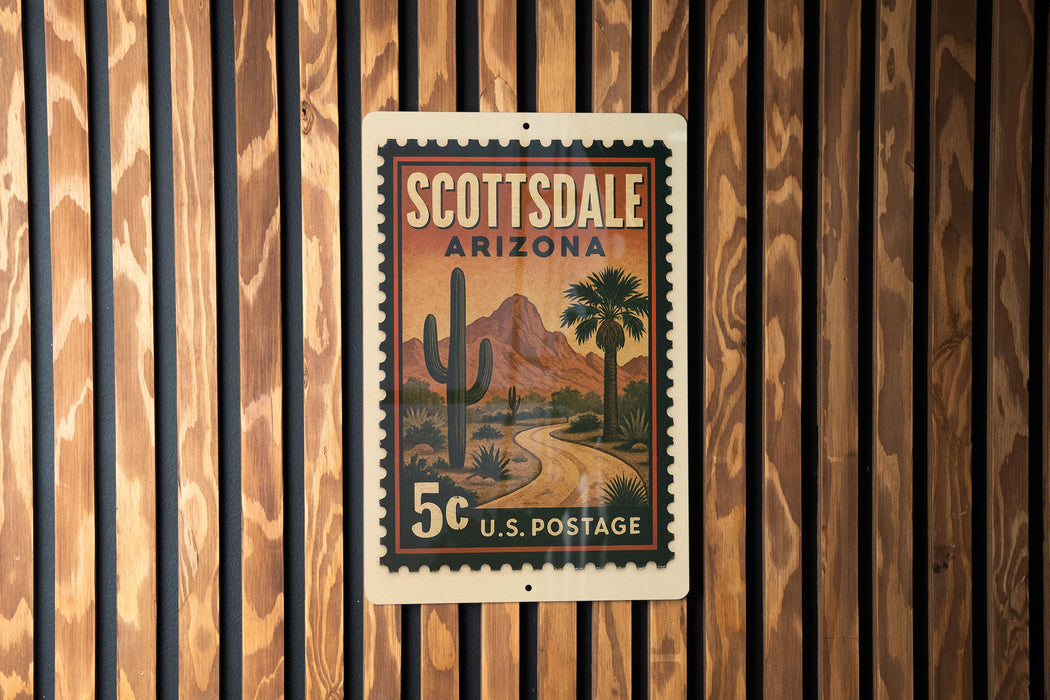 A vintage U.S. postage stamp from Scottsdale, Arizona, featuring a desert landscape with a cactus and mountains in the background.
