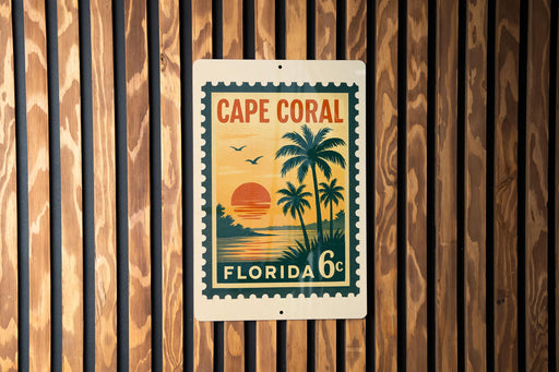 A vintage-style stamp or sign for Cape Coral, Florida, featuring a palm tree and sunset landscape.