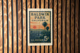 A postage stamp from the United States of America, featuring the name Baldwin Park, California, and the value of 5 cents.