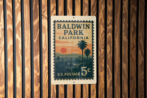 A postage stamp from the United States of America, featuring the name Baldwin Park, California, and the value of 5 cents.