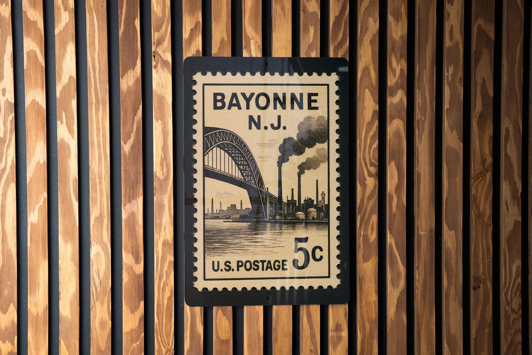 Bayonne New Jersey postage stamp on a wooden wall.