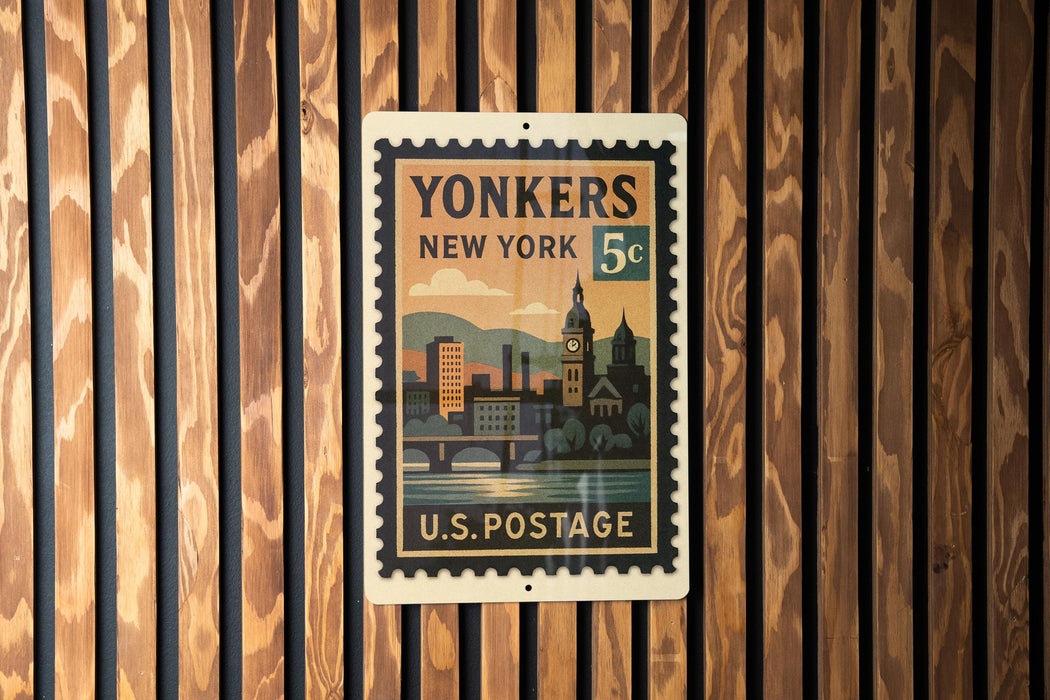 A vintage postage stamp from the United States of America, featuring an illustration of a cityscape and a clock tower, mounted on a wooden wall.