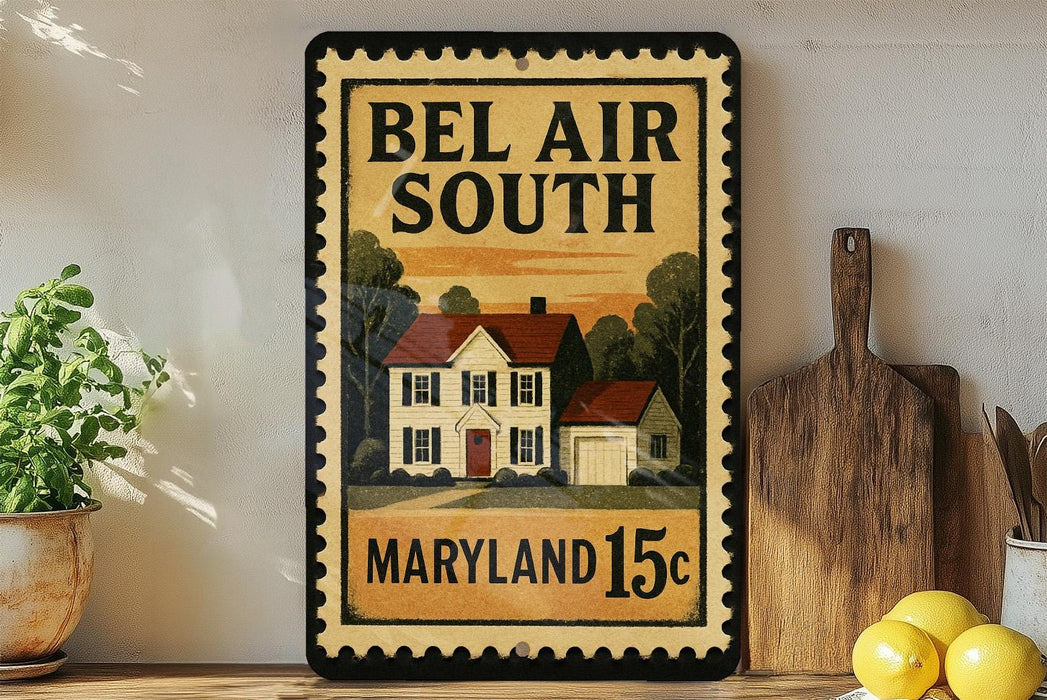A framed poster of a house with the text "Bel Air South Maryland 15c" on it, placed on a shelf next to a wooden cutting board and a potted plant.