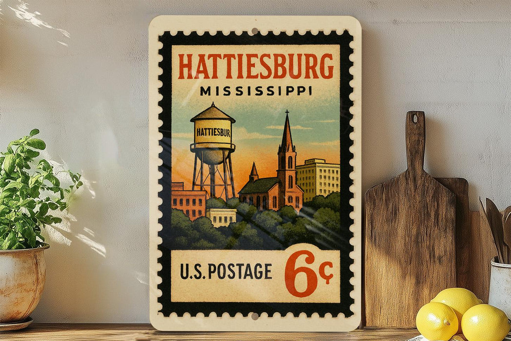 A vintage postage stamp from the United States, featuring an illustration of Hattiesburg, Mississippi, with a water tower and church in the background.