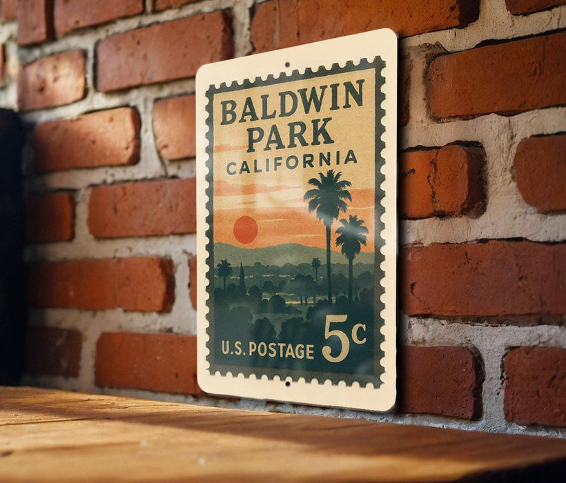 A vintage postage stamp from Baldwin Park, California, featuring a palm tree and sunset landscape.